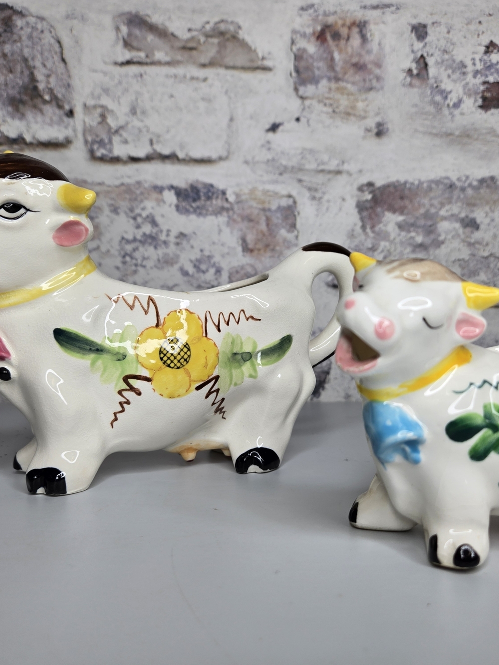 2 Vintage Style White Ceramic Cow Creamer with Yellow Floral Accent